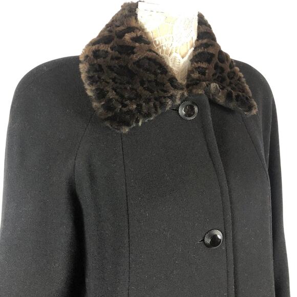 JAD Vintage black wool coat faux fur Cheetah print collar cuffs size medium - Picture 1 of 13